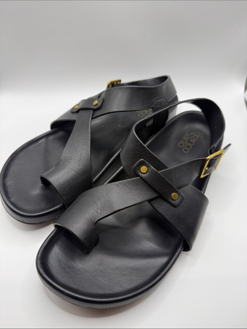Franco Sarto Black Leather Crisscross Strap Sandals with Gold Accents